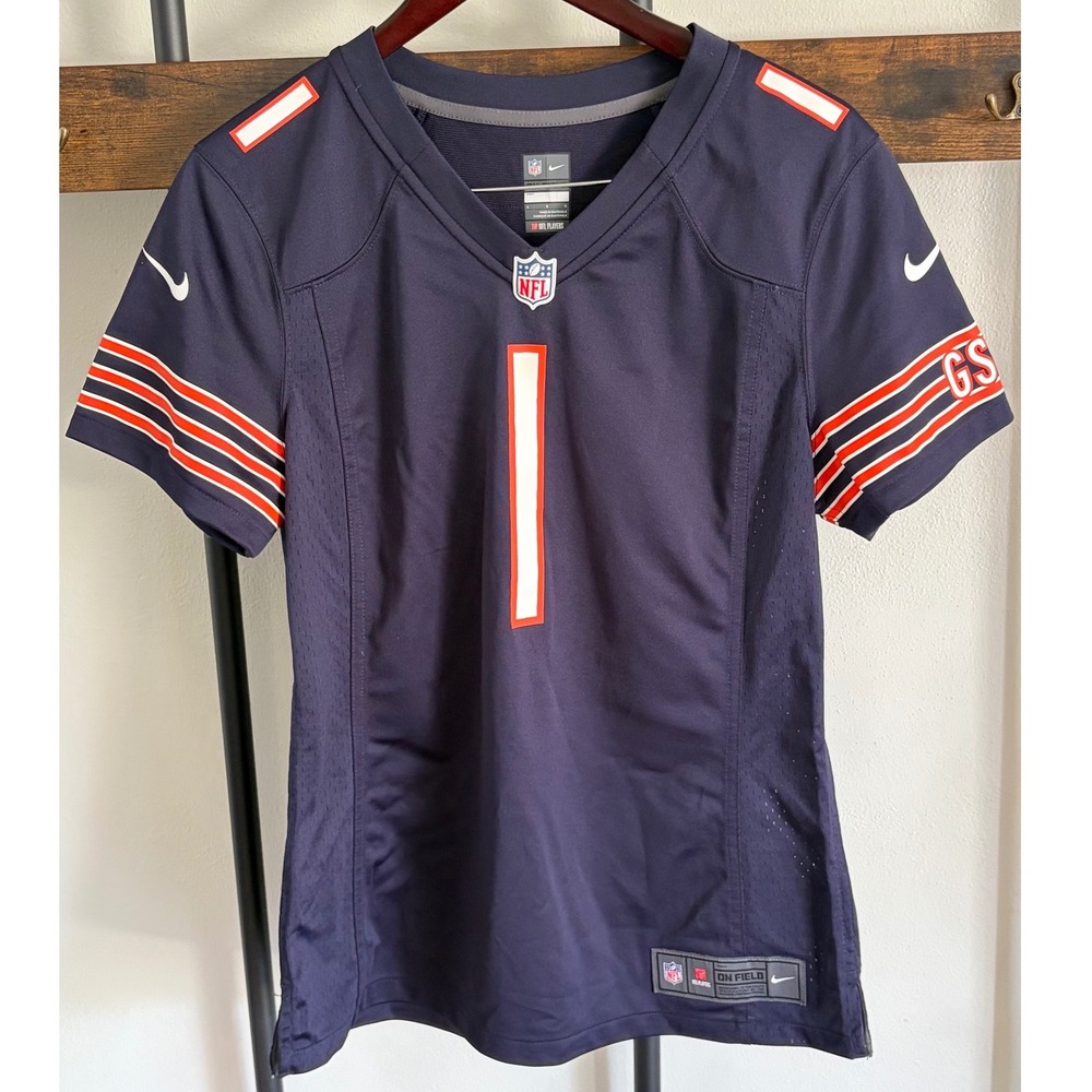 Nike Chicago Bears Justin Fields 1 Jersey Navy Blue Womens Large NFL On Field